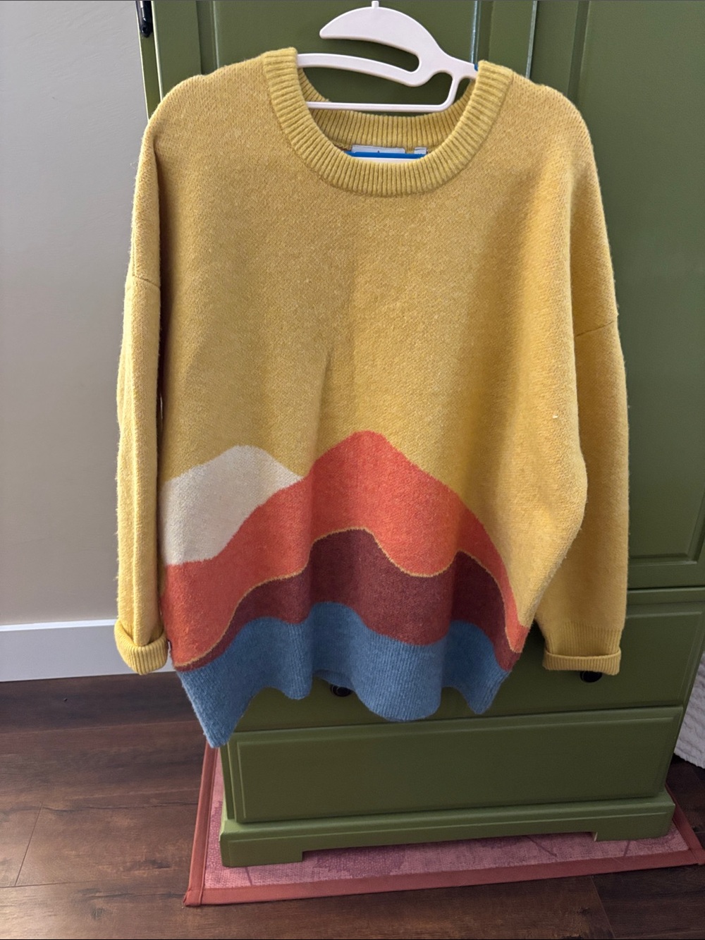Women’s Oversized Mustard Mountain Horizon -Pattern Crewneck Wool Sweater